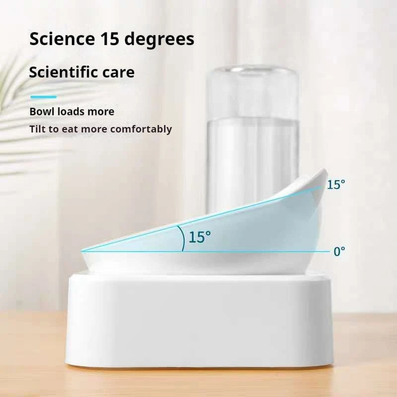 Double Dog Cat Bowls Water and Food Bowl Tilted15 Degrees Raised Cat Bowls with Automatic Water Bottle-Pet Feeder